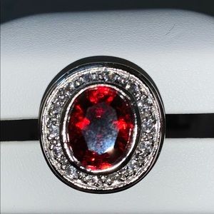 Silvertone Cocktail Ring with Red Stone
